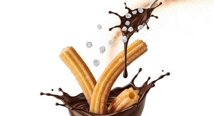 Golden churros splashing into melted chocolate with coconut flakes - Spanish dessert food photography