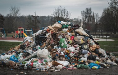 A large pile of garbage in the park