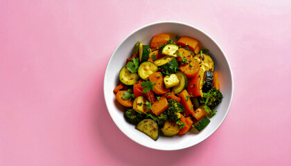 Colorful Roasted Vegetables on Pink Background – Healthy Vegan Meal