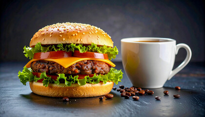 Cheeseburger and Coffee Cup on Dark Background – Fast Food Breakfast Concept