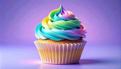 Colorful Rainbow Frosted Cupcake on Purple Background