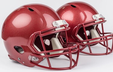 Fototapeta premium Burgundy American football helmets arranged on a pristine studio background with creative lighting for mockup use