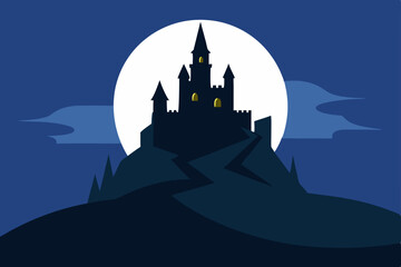 Fototapeta premium Mysterious Castle Silhouette Under a Full Moon Nighttime Fantasy Illustration