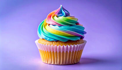Colorful Rainbow Frosted Cupcake on Purple Background