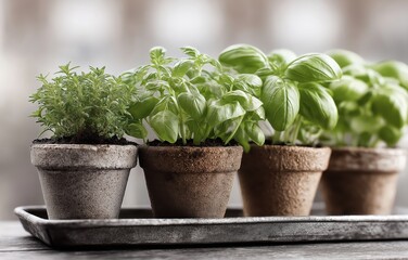 Fototapeta premium Herbs thriving in minimalistic pots on a serene balcony, showcasing urban gardening and self-sufficiency