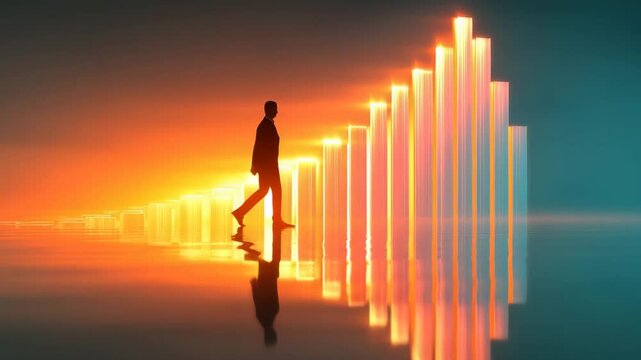 Businessman walking towards glowing rising bars resembling a graph in futuristic abstract landscape. 4K video