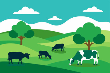 Happy farm animals vector cartoon illustration of a summer landscape with cows, sheep, and green trees on a meadow under a sunny sky
