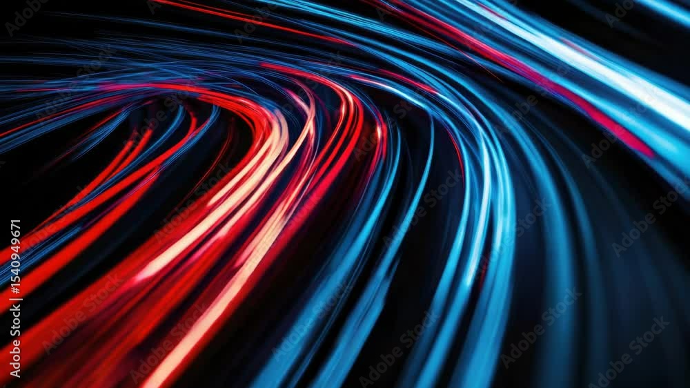 Poster red and blue lines create geometric patterns on a black background.