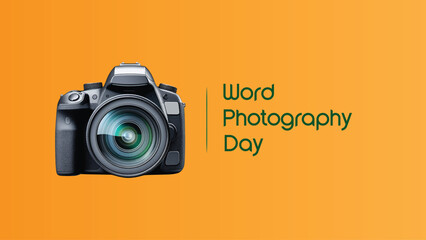 Vector design for World Photography Day with DSLR camera on orange background, minimal modern concept for photographers and creatives