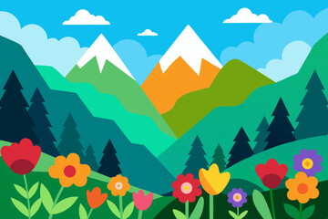 Obraz premium Mountain nature landscape with green trees, blue sky, and summer clouds