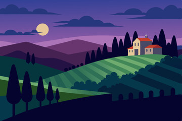 Serene Tuscan Hillside at Night Moonlight, Vineyards, and Rolling Hills