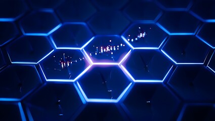 Abstract Hexagon Network Glowing Blue Honeycomb Structure
