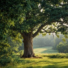 Fototapeta premium a large oak tree with thick green foliage its massive trunk standing in the center of a sunlit meadow