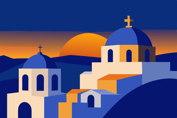 Sunset over Santorini Greek Island Churches and Scenic Vista