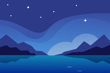 Serene Nightscape Mountains, Lake, and Starry Sky Illustration
