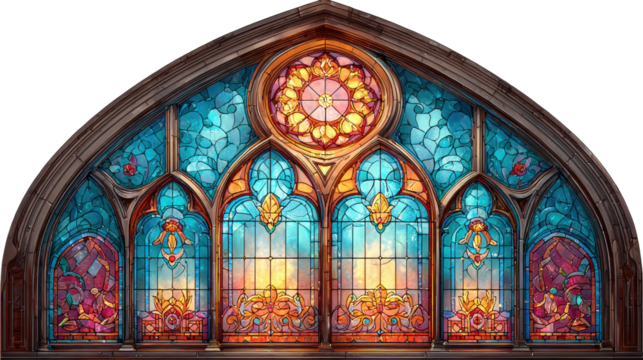 Stunning stained glass art display gothic cathedral digital vibrant colors interior perspective cut out png