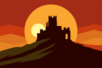 Fototapeta premium Sunset Silhouette Majestic Castle on Hilltop, a Scenic Vista