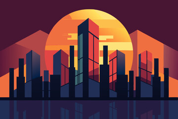 Fototapeta premium Sunset Cityscape Geometric Urban Illustration with Vibrant Colors