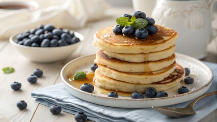 A stack of fluffy pancakes topped with fresh blueberries and a sprig of mint sits on a plate drizzled with maple syrup