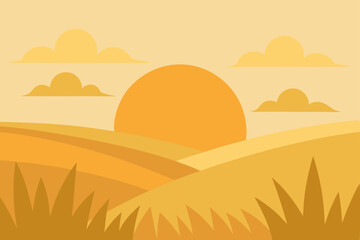 Golden Sunset Landscape Serene Hills and Rolling Fields Illustration
