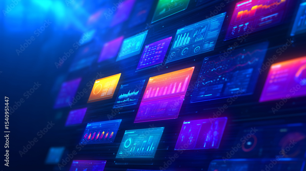 Poster a variety of vibrant digital screens showcase real-time data analytics and performance metrics in a 