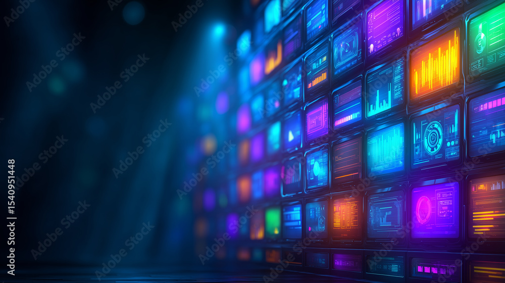 Poster a wall of digital screens shows a variety of colorful graphics and data visualizations in a modern t