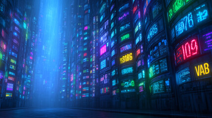 In this captivating nighttime setting, towering structures display a myriad of colorful neon signs, casting a bright glow on the surroundings. The atmosphere feels futuristic and immersive