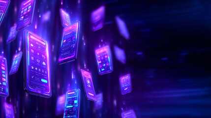 Multiple glowing smartphone screens display colorful user interfaces, floating amidst a dark and energetic digital backdrop. The scene captures a sense of innovation and technology