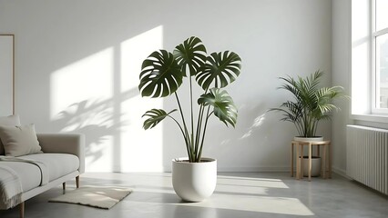 Fototapeta premium Minimalist Living Room: Sunlit Monstera Deliciosa & Concrete Floor