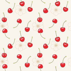 Cherry seamless pattern. Hand drawn bright juicy cherries and flowers on a light background. Design for textiles, fabric, packaging, wrapping paper.