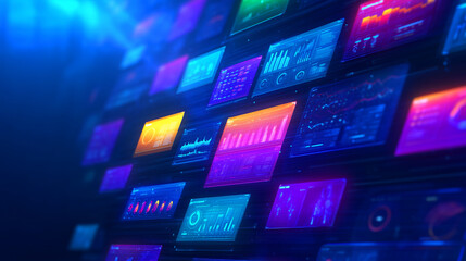 A variety of vibrant digital screens showcase real-time data analytics and performance metrics in a high-tech environment, creating an engaging visual experience