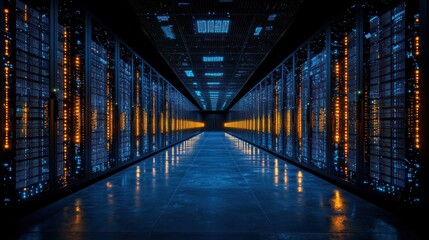 High-tech server room with illuminated racks