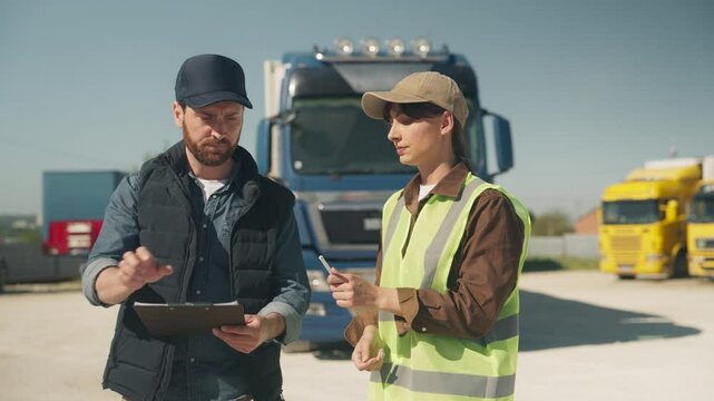 Man and woman reviewing checklist on clipboard in freight yard near trucks. Wearing work vests and caps. People focused on documentation. Coordinating delivery or inspection process.