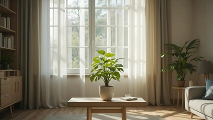 Sunlit Living Room with Schefflera Plant on Wooden Coffee Table