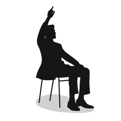 Guy sitting on chair, hand raised high with index finger up, gesture of calling waiter, black silhouette of man