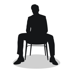 Young man sitting with legs wide apart, black silhouette of a man sitting