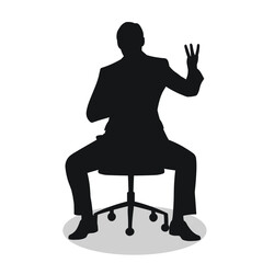 Business man sitting on swivel chair, man showing number three with fingers of hand