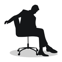 Profile of a young man, person sitting on a soft chair with wheels, black silhouette of a guy leaning forward