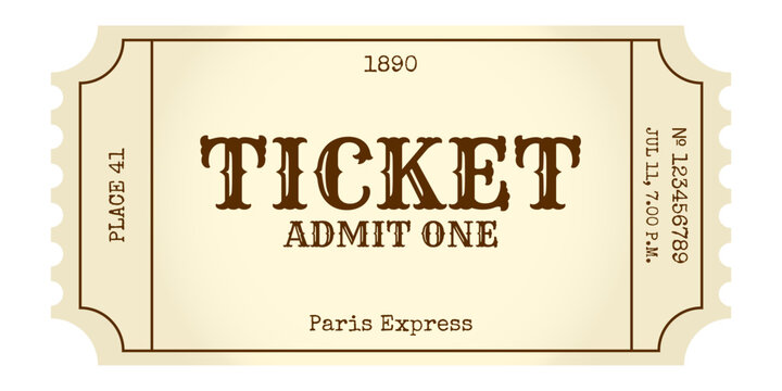 Vintage Paris Express ticket mockup. Antique travel pass with retro design, admit one. Classic ticket for train travel concept