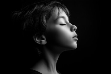 Fototapeta premium Artistic Black and White Portrait of a Peaceful Child Expressing Calmness and Innocence in Timeless Monochrome