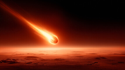 A blazing meteor trails across the dark Martian sky, casting a brilliant glow over the desolate landscape