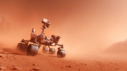 Rover moves across the reddish Martian landscape, navigating through dust storms and rocky terrain in quest of scientific data to support future colonization efforts and plant growth