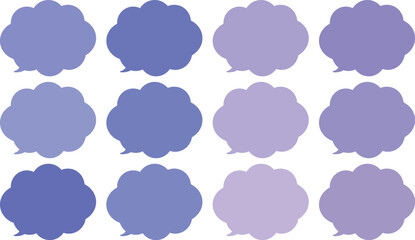 All the bubbles have a distinctive, rounded, cloud-like, or scalloped edge design. This vector image features twelve speech bubbles.