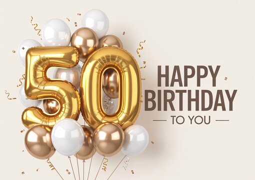 Happy 50th Birthday Gold Balloons and Confetti Celebration