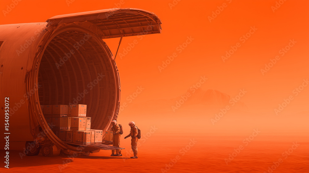 Poster astronauts work diligently to unload boxes from a spacecraft on mars, preparing for the establishmen