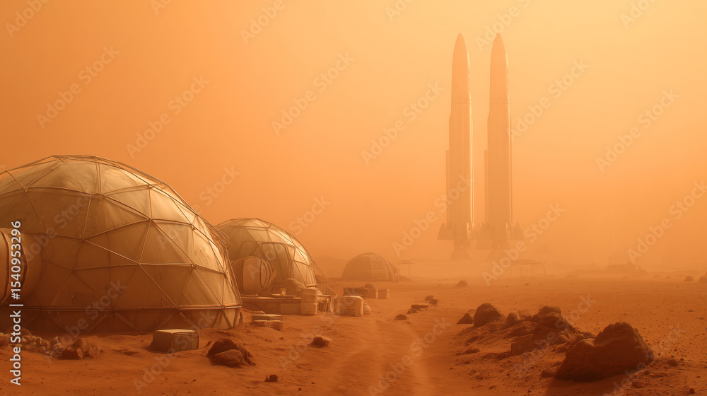 Poster futuristic domed structures serve as habitats for mars colonists, while tall rockets stand in the ba