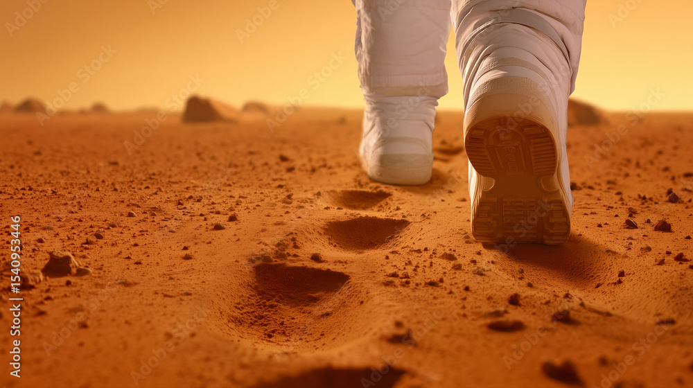 Poster astronaut makes the first steps on the surface of mars, leaving footprints in the reddish soil