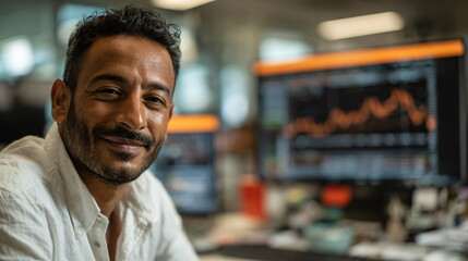 Man stock trader smiling at his desk with blurred financial charts on monitors in the background, business finance footage.