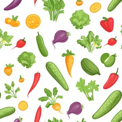 Detailed Seamless Pattern with Fresh Vegetables and Greens for Culinary Backgrounds
