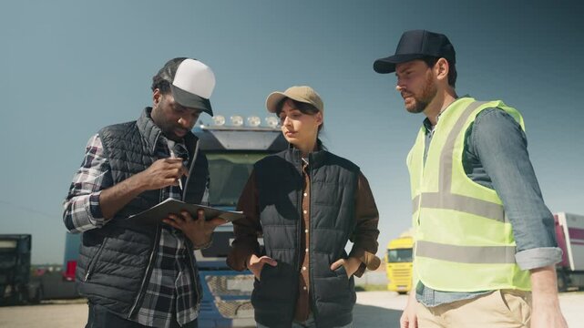 Three colleagues reviewing document near trucks. One man holding clipboard while another pointing at details and woman analyzing content. Verifying route plan or resolving transport issue on site.